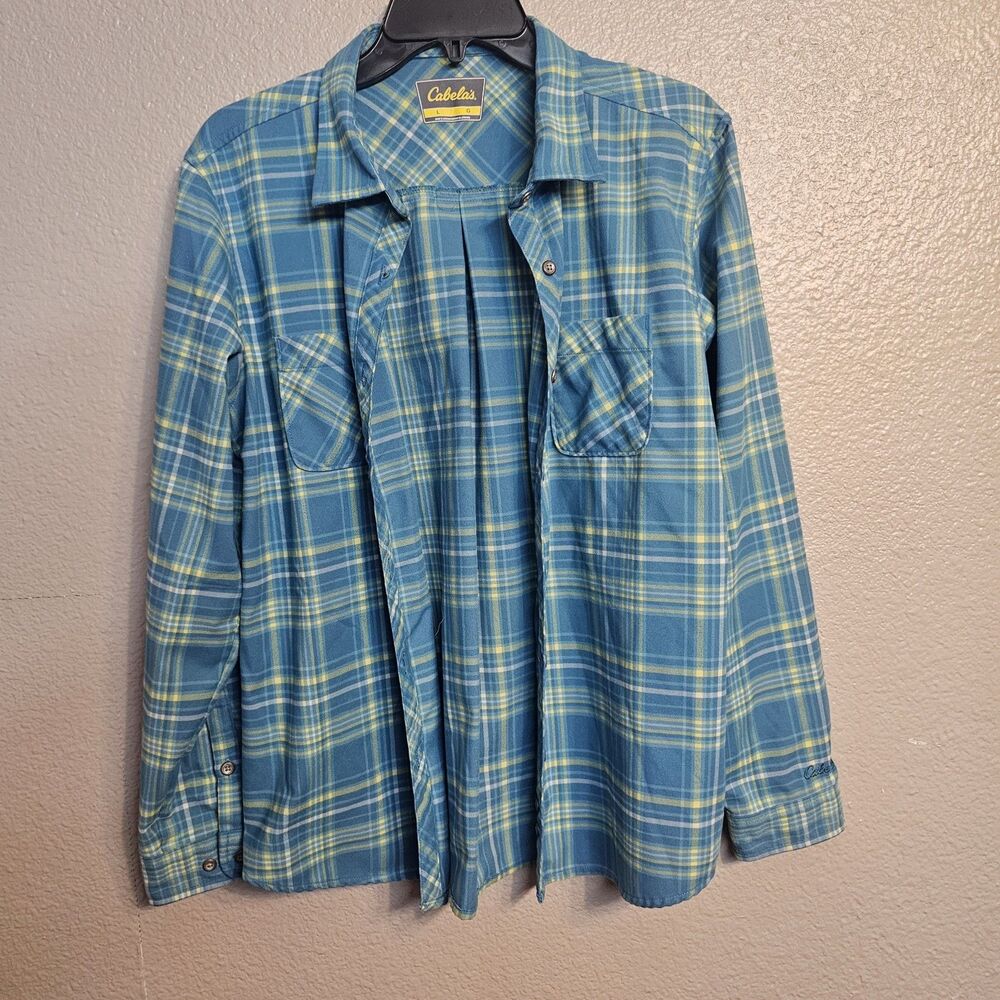 Cabela's Women's Plaid Button Down Shirt L Blue Yellow Nylon Outdoor Hiking M835